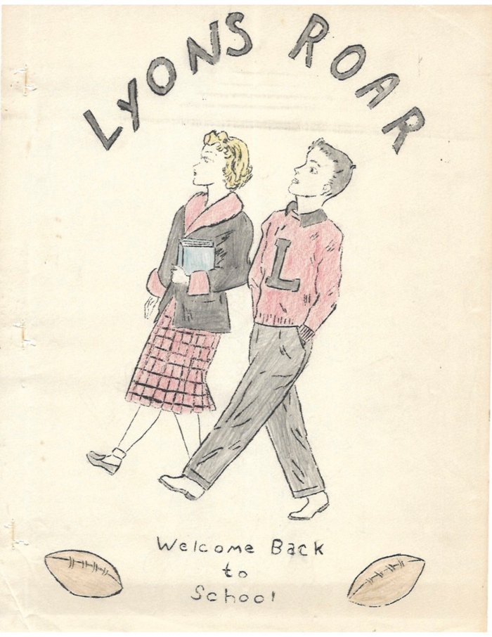 October 1958 Lyons Roar cover with two illustrated students and a welcome-back-to-school message.